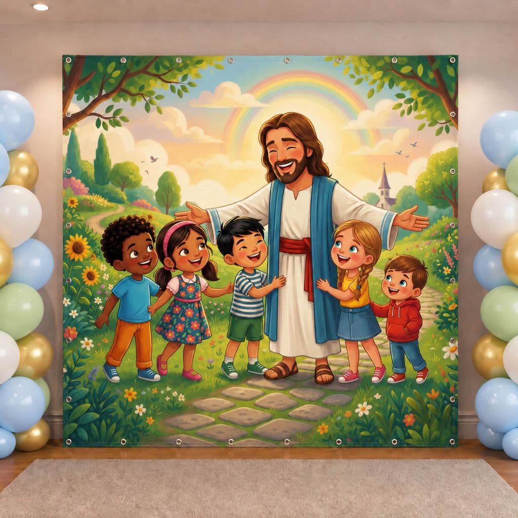 Painel de Festa em Lona 2x1,5 Personalizado em Lona Fosca Tema Jesus e Crianças Para Festa Culto