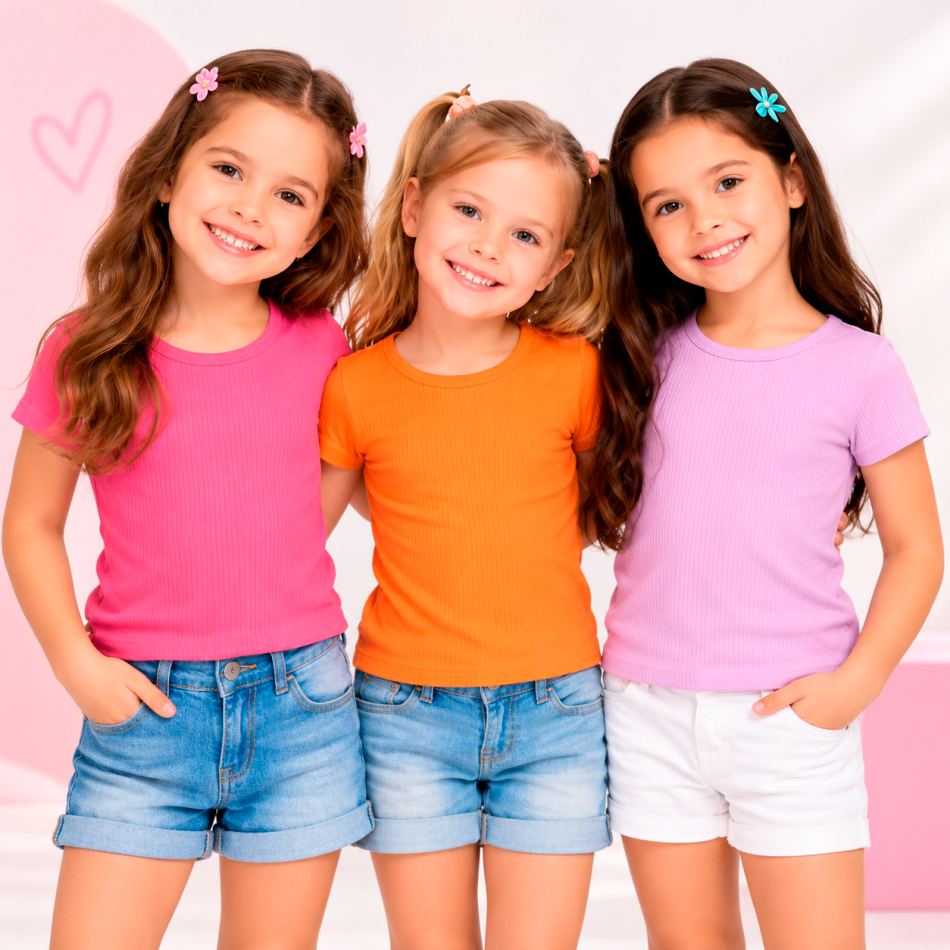 Kit 3 Camiseta Infantil Menina Feminina Algodão Básica Moda Tecido Macio Confortável