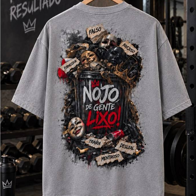 Camiseta Oversized Masculina Estampada Moda Jovem Fitness Nojo de Gente Academia Cinza
