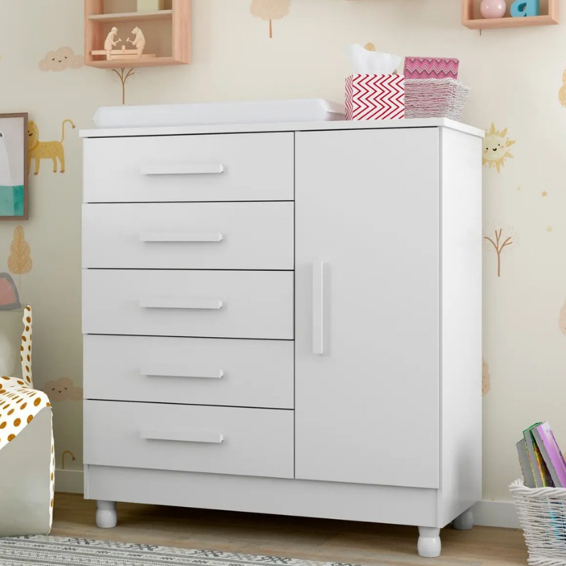 Cômoda Infantil Armário Multiuso Com 5 Gavetas E 1 Porta Organizador Gabinete Para Quarto Banheiro
