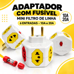 Adaptador de Tomada com 6 Entradas SEXTAVADO 10A/20A Pino Maciço Resistente Tomadas Coloridas