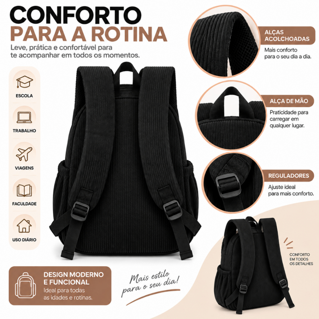 Mochila Escolar Feminina Grande Veludo Cotelê Bolsa de Costas Impermeável Com Estojo Escola Faculdade Trabalho Viagem — imagem 2 de 2