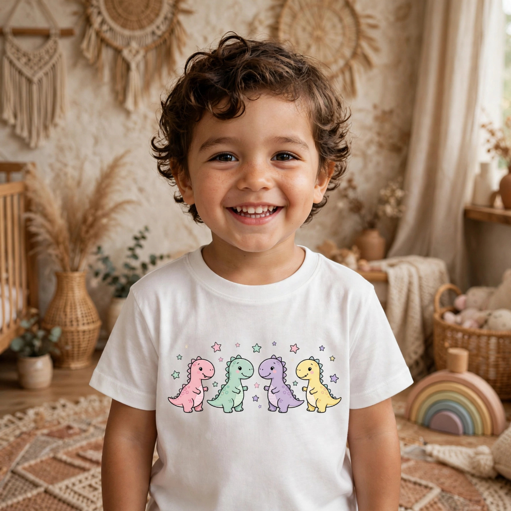 Camiseta Infantil Dinossauro Fofa Unissex Estampada DTF Algodão Manga Curta