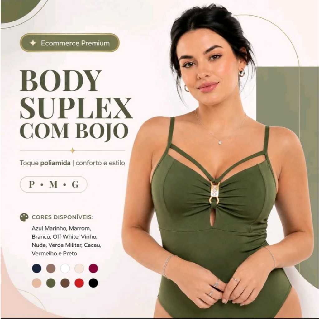Body Feminino Suplex com Bojo Detalhe Dourado Trançado Modelador Ajuste ao Corpo Moda Feminina