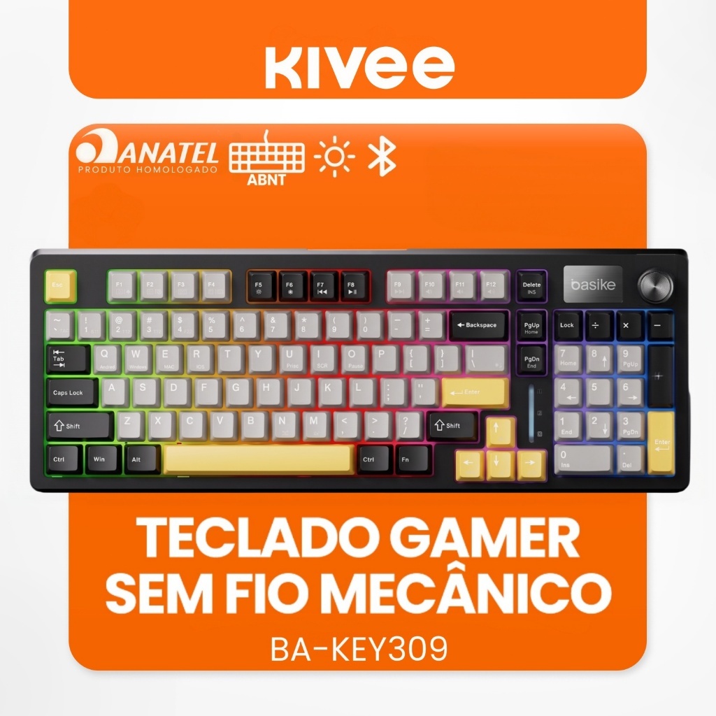 Kivee X Basike Teclado Mecânico Gamer Triplo Modo RGB 96 Teclas Bluetooth 2.4G e Fio Bateria 4000mAh KEY309