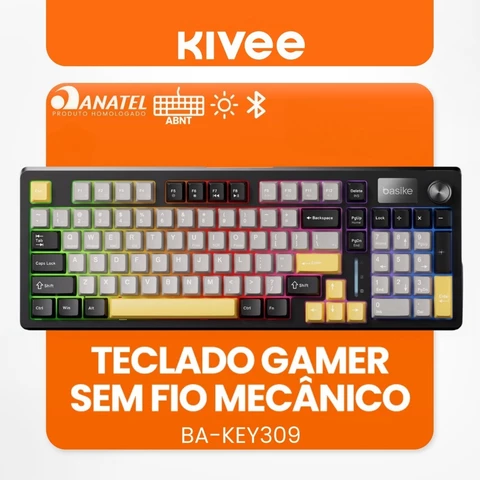 Kivee X Basike Teclado Mecânico Gamer Triplo Modo RGB 96 Teclas Bluetooth 2.4G e Fio Bateria 4000mAh KEY309