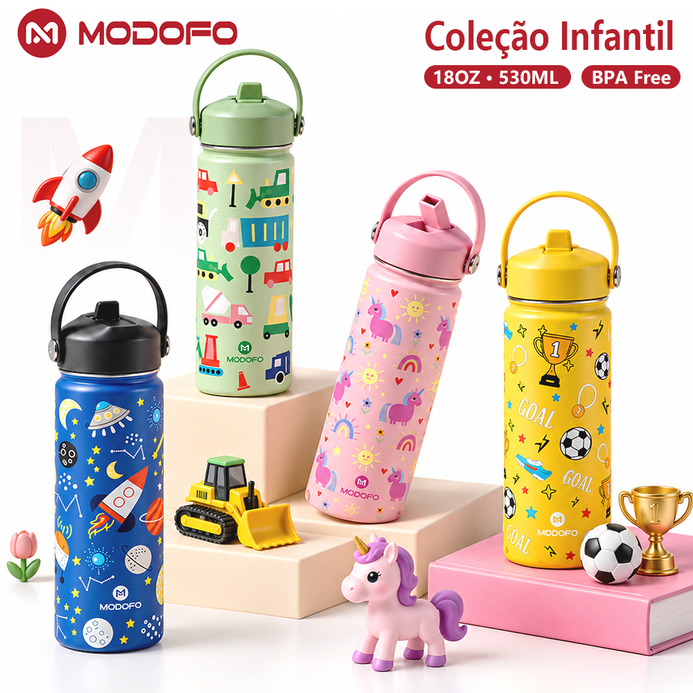 MODOFO Garrafa Térmica Infantil 530ml Inox 304 Antivazamento com Canudo e Alça para Escola e Passeios