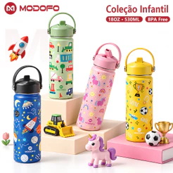 Garrafa Térmica Infantil MODOFO 530ml Inox 304 Antivazamento com Canudo e Alça para Escola e Passeios