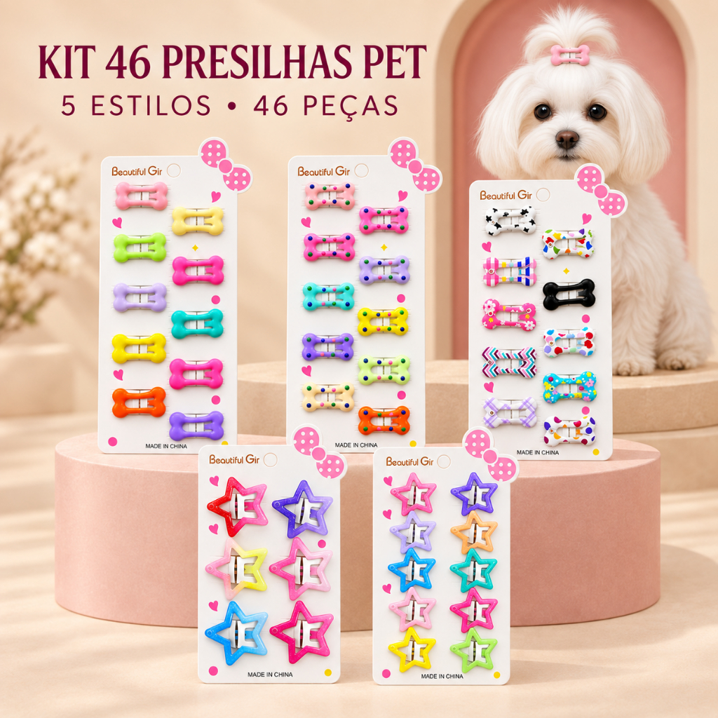 Kit 46 Presilhas Pet Tic Tac Ossinho Coloridas para Cachorro e Gato Acessório de Pelo Topete