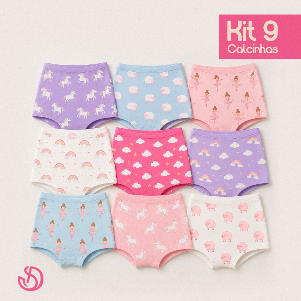 Kit 9 Calcinhas Boxer Infantil Feminina Menina Shortinho Algodão Confortável Estampas Sortidas