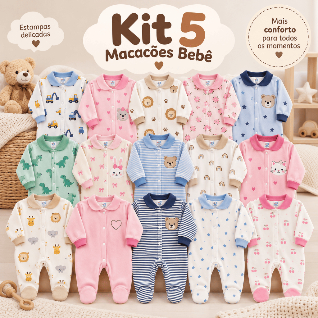 Kit Macacão Bebê 5 Peças Menino Menina Estampado Algodão Pé Reversível Inverno Enxoval Macio Infantil