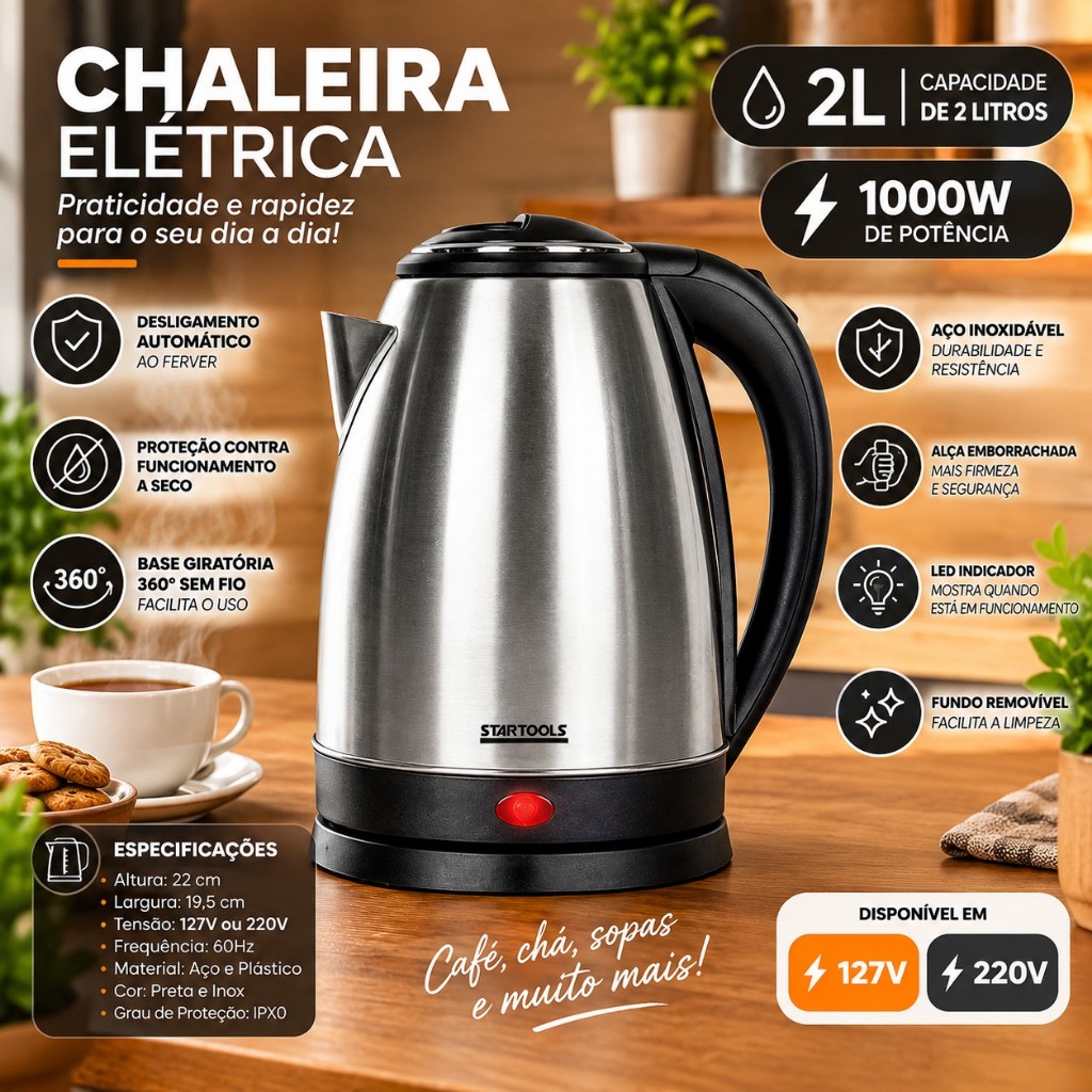 Chaleira Jarra elétrica 2 litros inox STARTOOLS 127V/ 220V aquecimento rápido chás café sopas instantâneas versátil