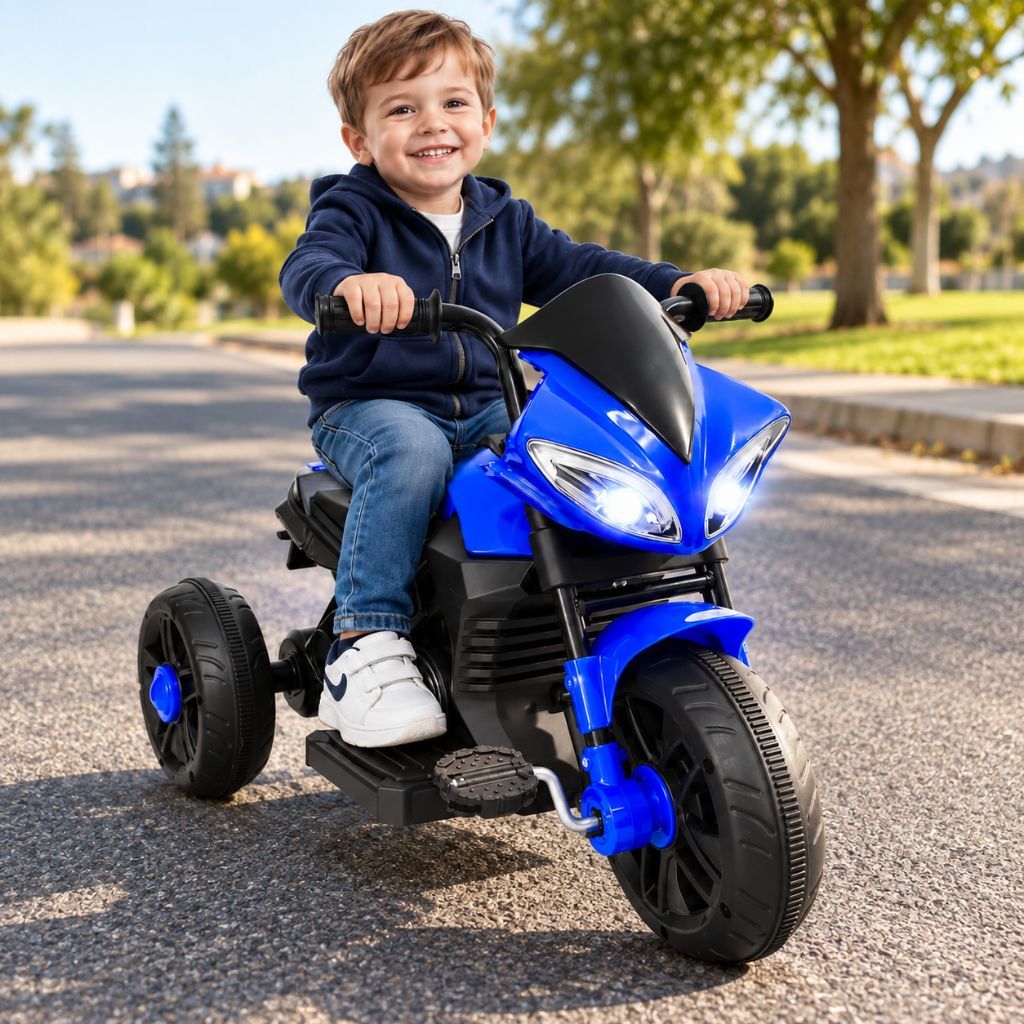 Moto Elétrica Infantil Bateria 6V Azul com Pedal Manual Motinha Triciclo Luz e Som