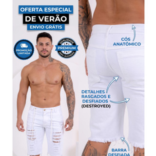 Bermuda Masculina Jeans Branca Rasgada Destroyed Cordão Barra Desfiada 100% Algodão Premium Direto da Fábrica