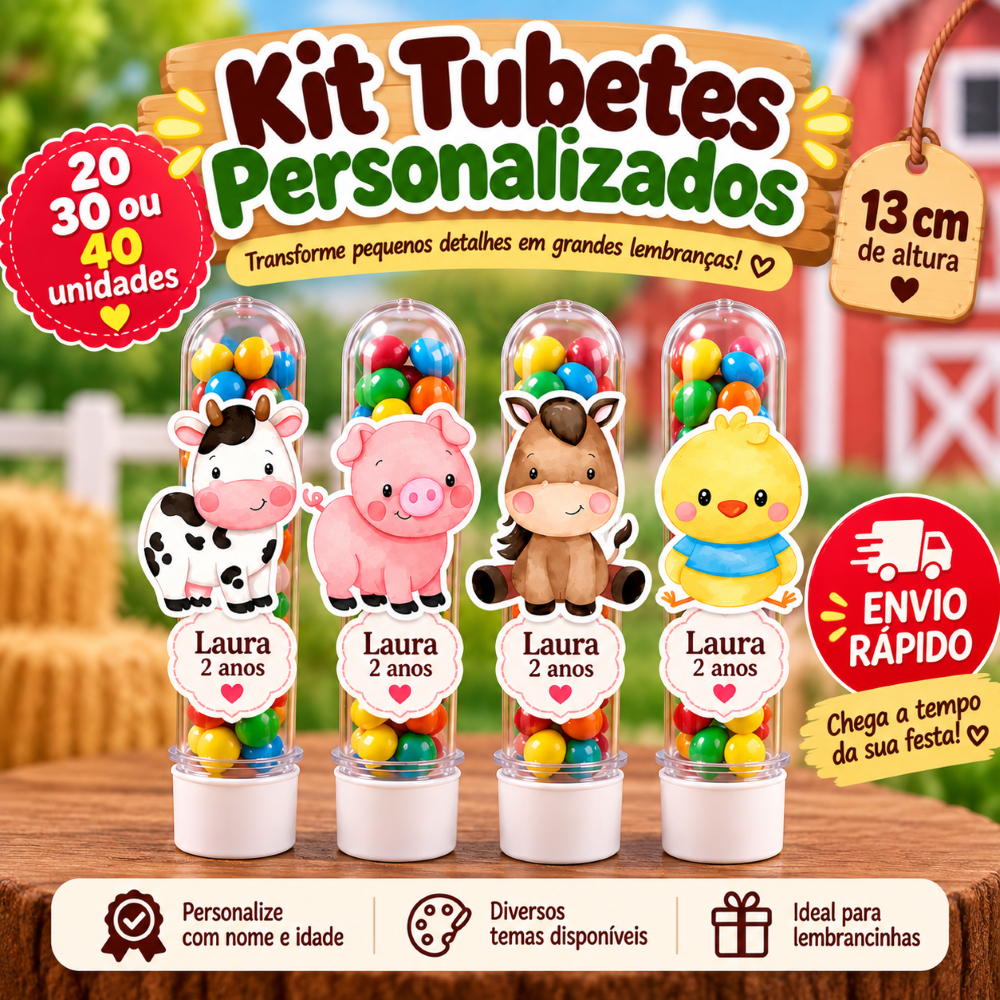 Kit Tubetes Personalizados 13cm | Lembrancinha para Festa Infantil | 20, 30 ou 40 Unidades