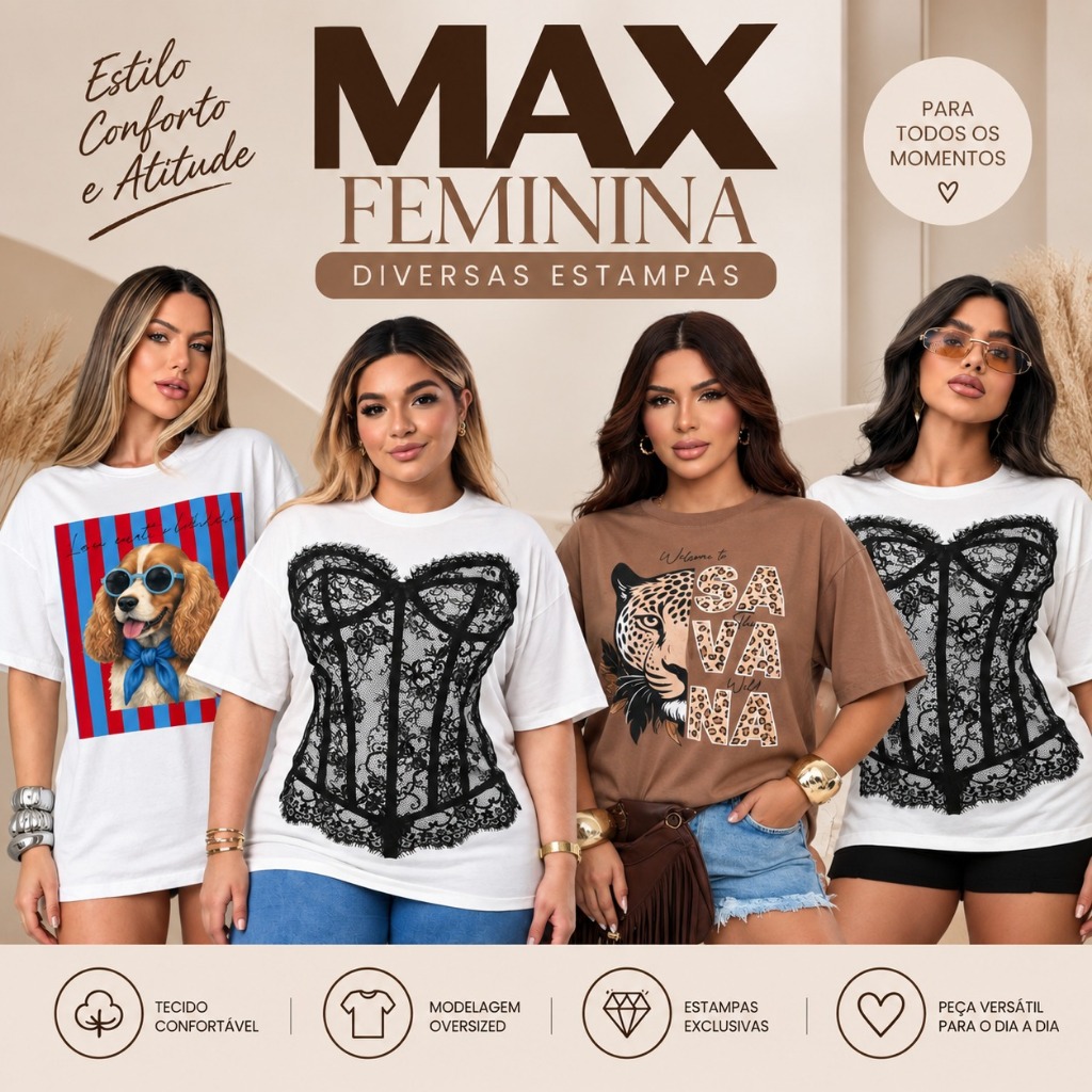 Max Blusão Diversas Estampas T-Shirt Oversized Feminina Camiseta StreetWear Confortável e Aesthetic