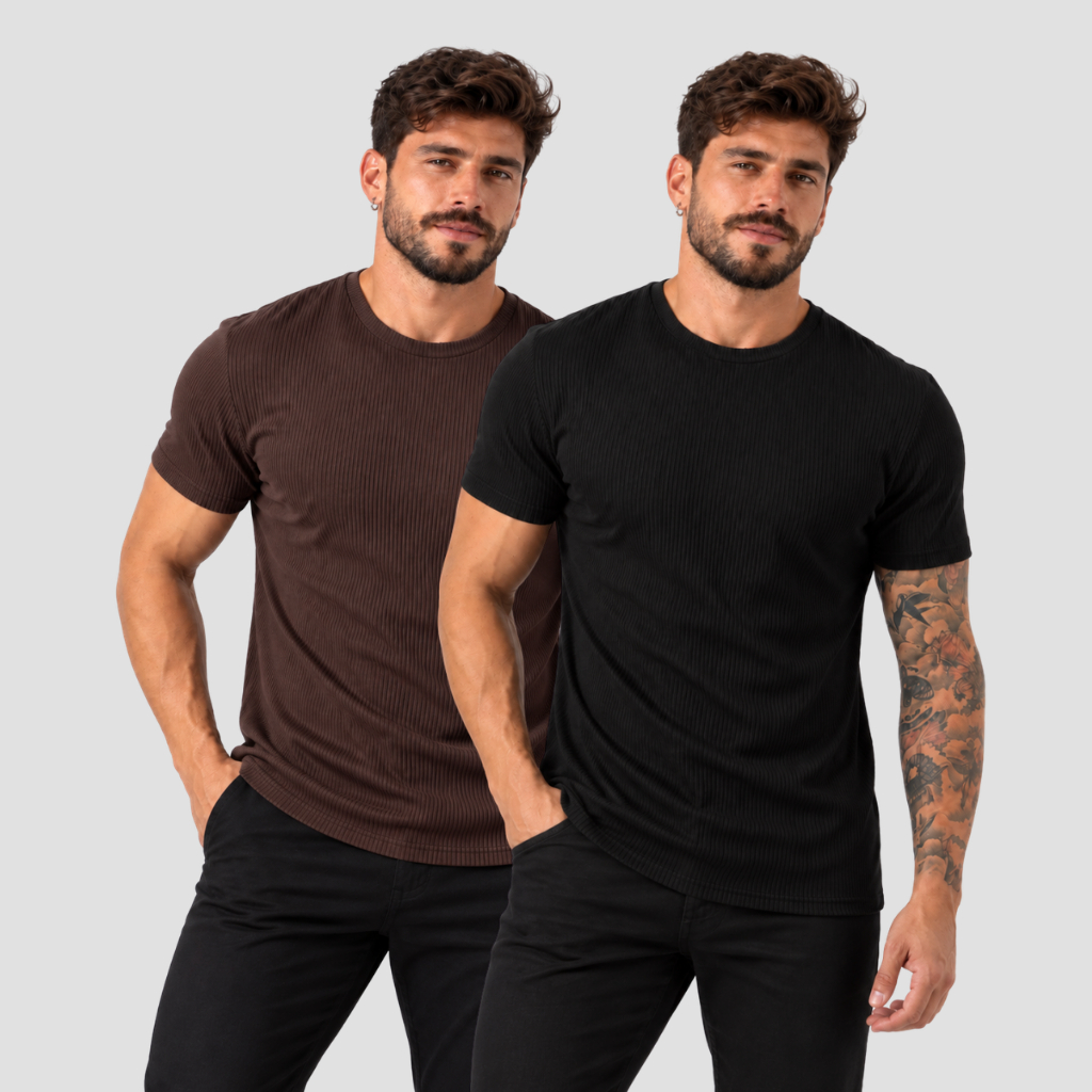 Kit 2 Camisetas Caneladas Masculina Gola Careca Slim Moda Americana Casual Básica Camiseta Preta