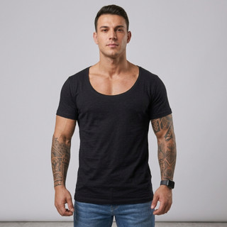 CAMISETA MASCULINA GOLA CANOA ABERTA CAVADA MANGA CURTA ALGODÃO