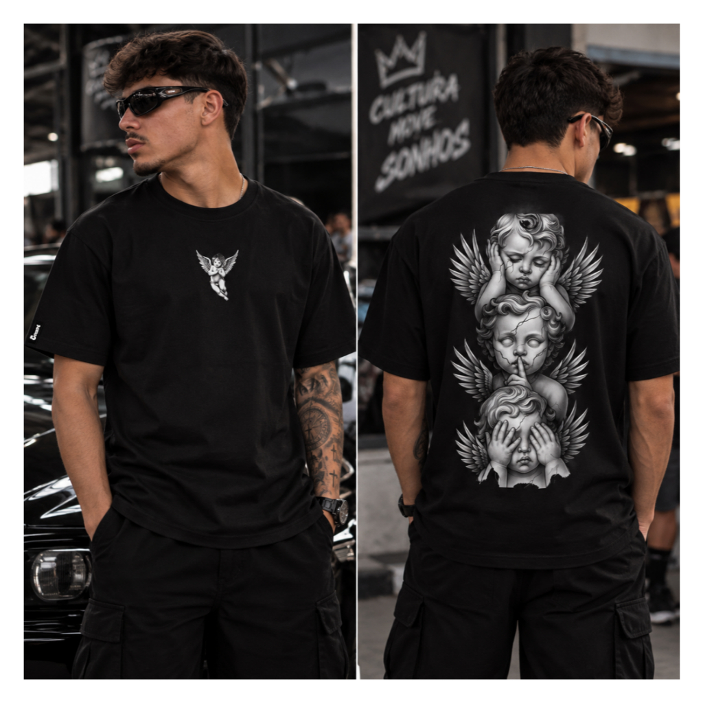 Camiseta Camisa Estampada Anjos Estilosa Streetwear Malha Diferenciada Top Algodão Moda Masculina