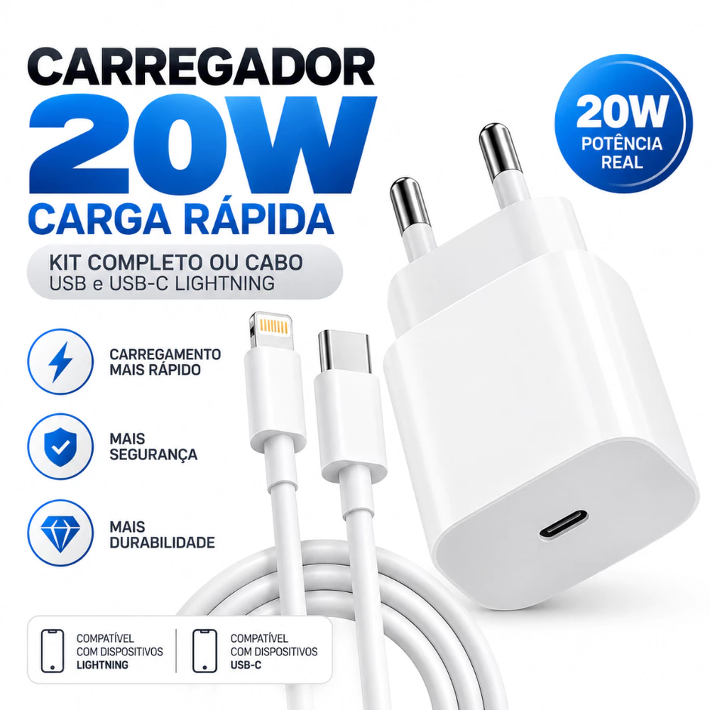 Carregador 20W Carga Rápida Kit Completo ou Cabo USB e USB-C Lightning
