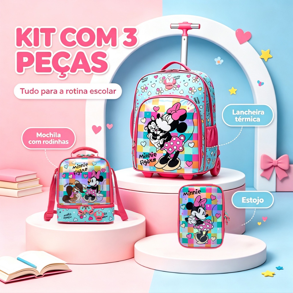 Kit Minnie Mochila Lancheira Estojo Escolar Feminina Infantil Rodinha Disney