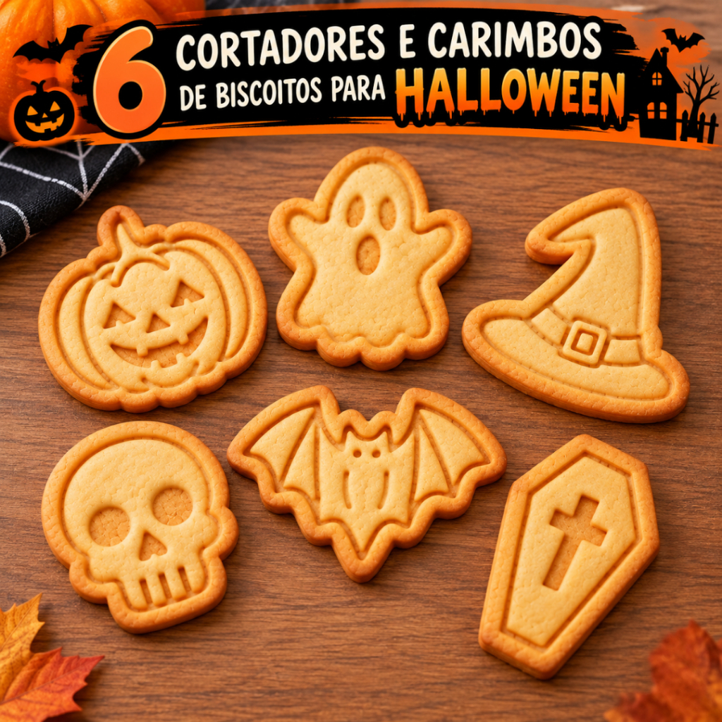 Kit 6 Cortadores e Carimbos de Biscoitos para Halloween com Puxador