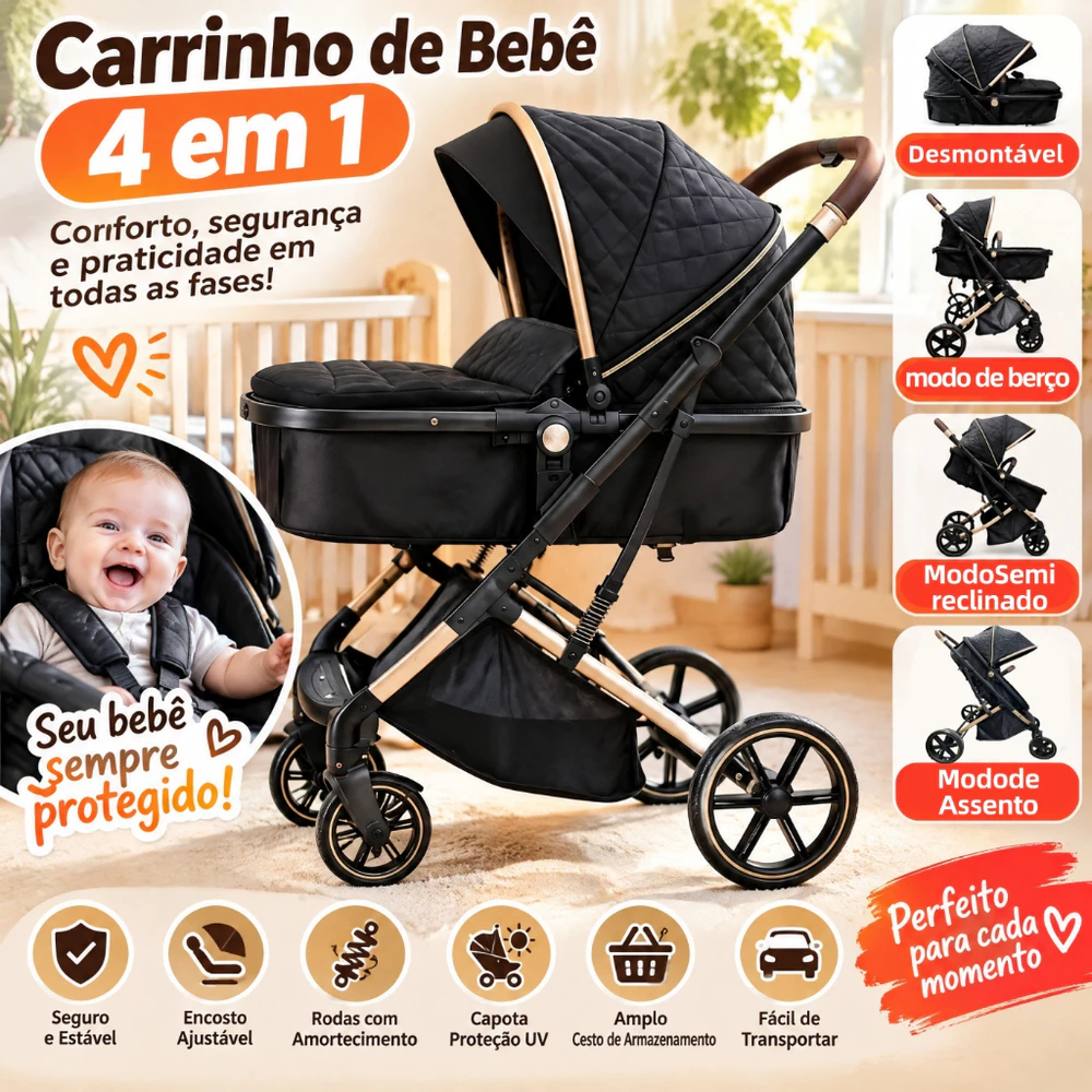 Carrinho De Bebê Berço Reversível Dobrável Estilo Europeu Com Unidade Móvel Cor Preta