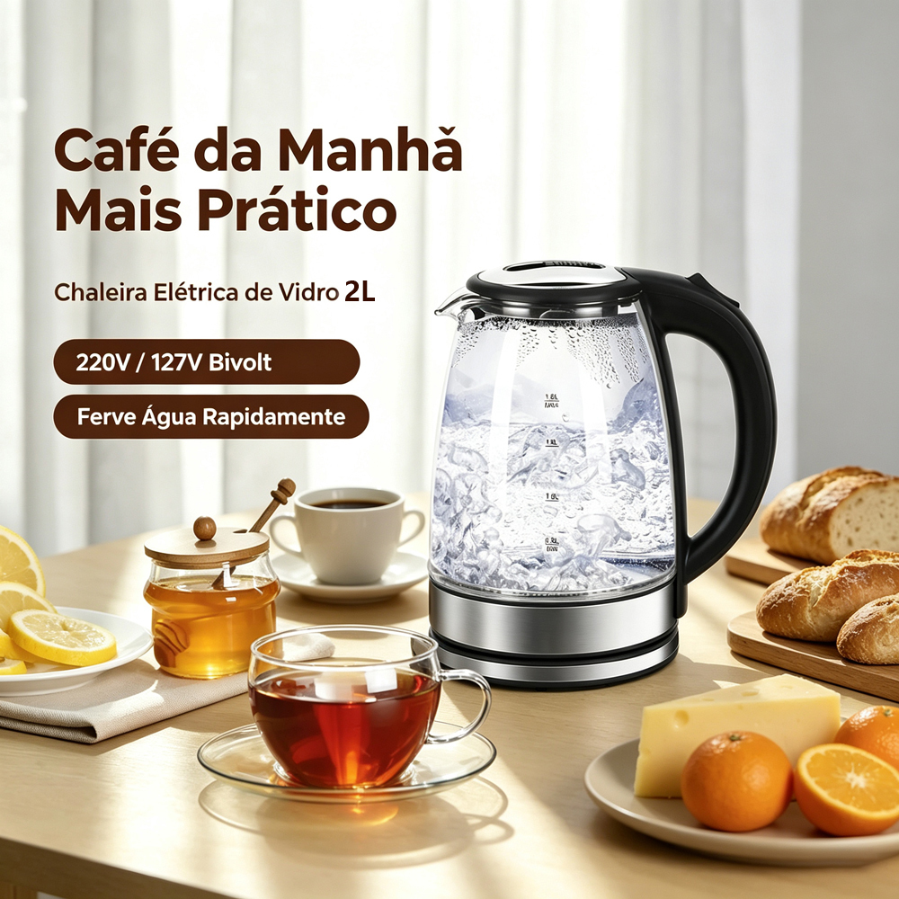 Chaleira Elétrica 1,8L/2L Inox ou Vidro 127V/220V Automática para Café e Chá