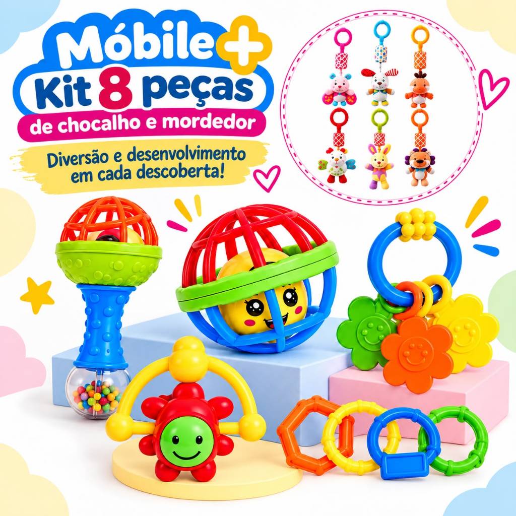 Kit Chocalhos Mordedor 8 Pcs Bebê Sensorial + Móbile de Pelúcia com Som | Brinquedo Educativo Infantil Seguro