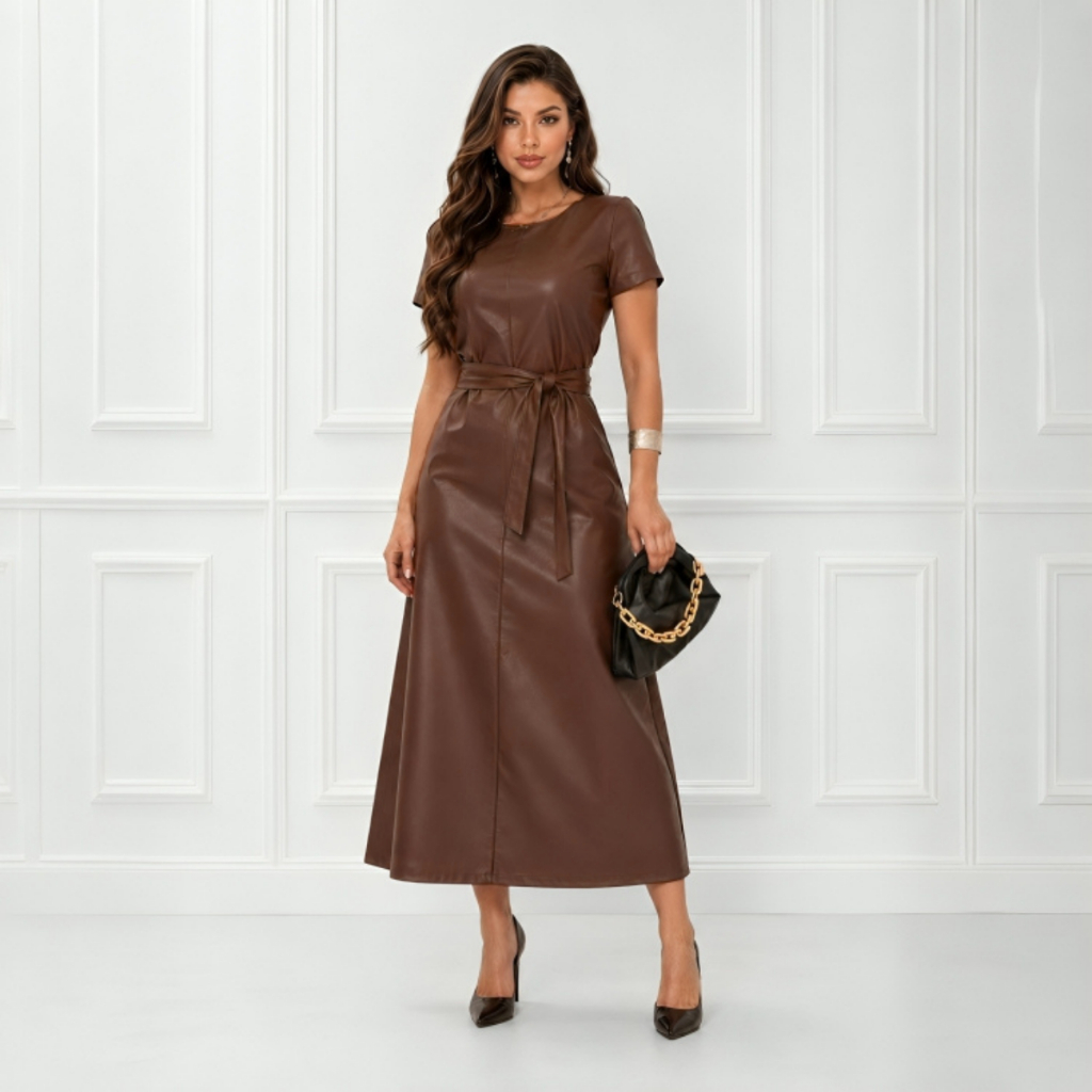 Vestido Midi Evangélico Manga Curta Longuete Couro Fake Cinto Elegante