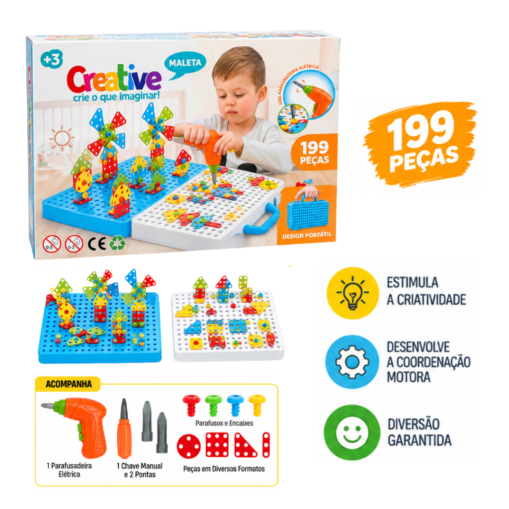 Kit Ferramenta Infantil Maleta Criativa 199 Peças Brinquedo Educativo de Montar c Furadeira Elétrica