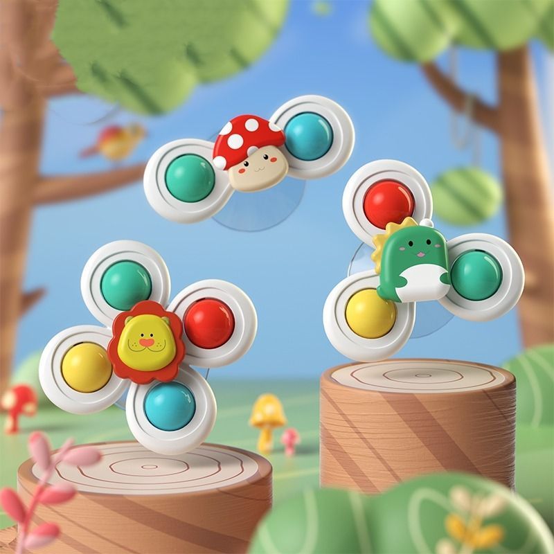 Kit 3 Spinner com Ventosa Infantil Baby Rattle Brinquedo Sensorial Giratório para Bebê