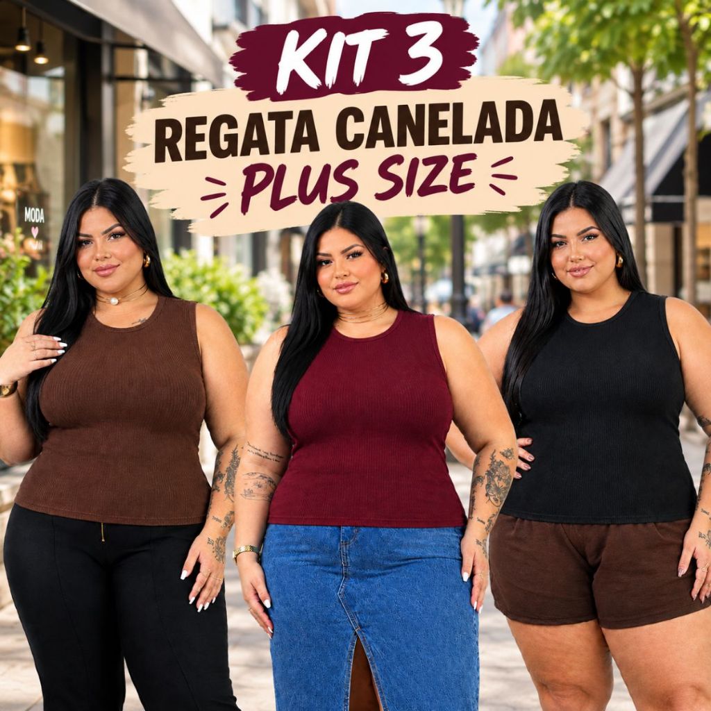 Kit 3 Regata Feminina Plus Size Gola Redonda básica alta elasticidade curve canelado curvy verão