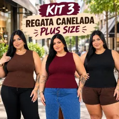Kit 3 Regata Feminina Plus Size Gola Redonda básica alta elasticidade curve canelado curvy verão