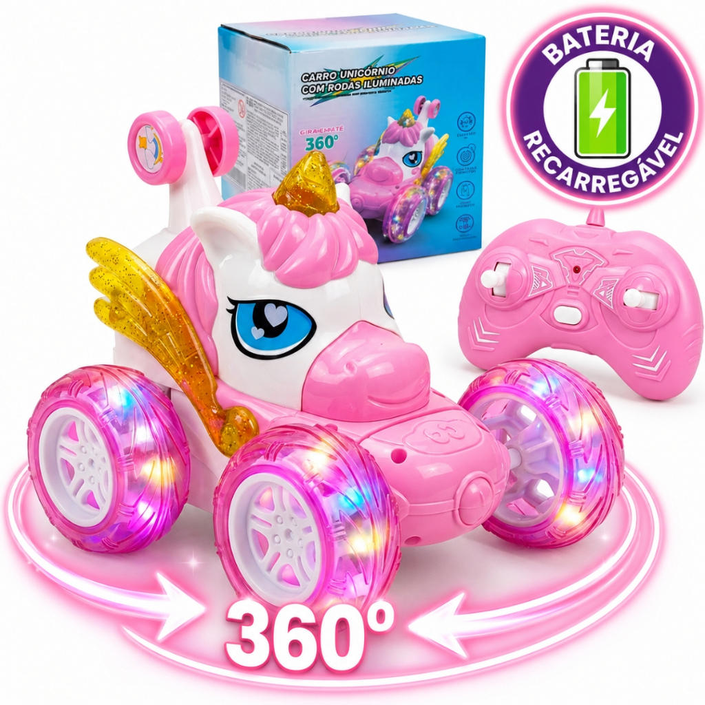 Carrinho de Controle Remoto Unicórnio Maluco Recarregável Luz LED 360 Menina