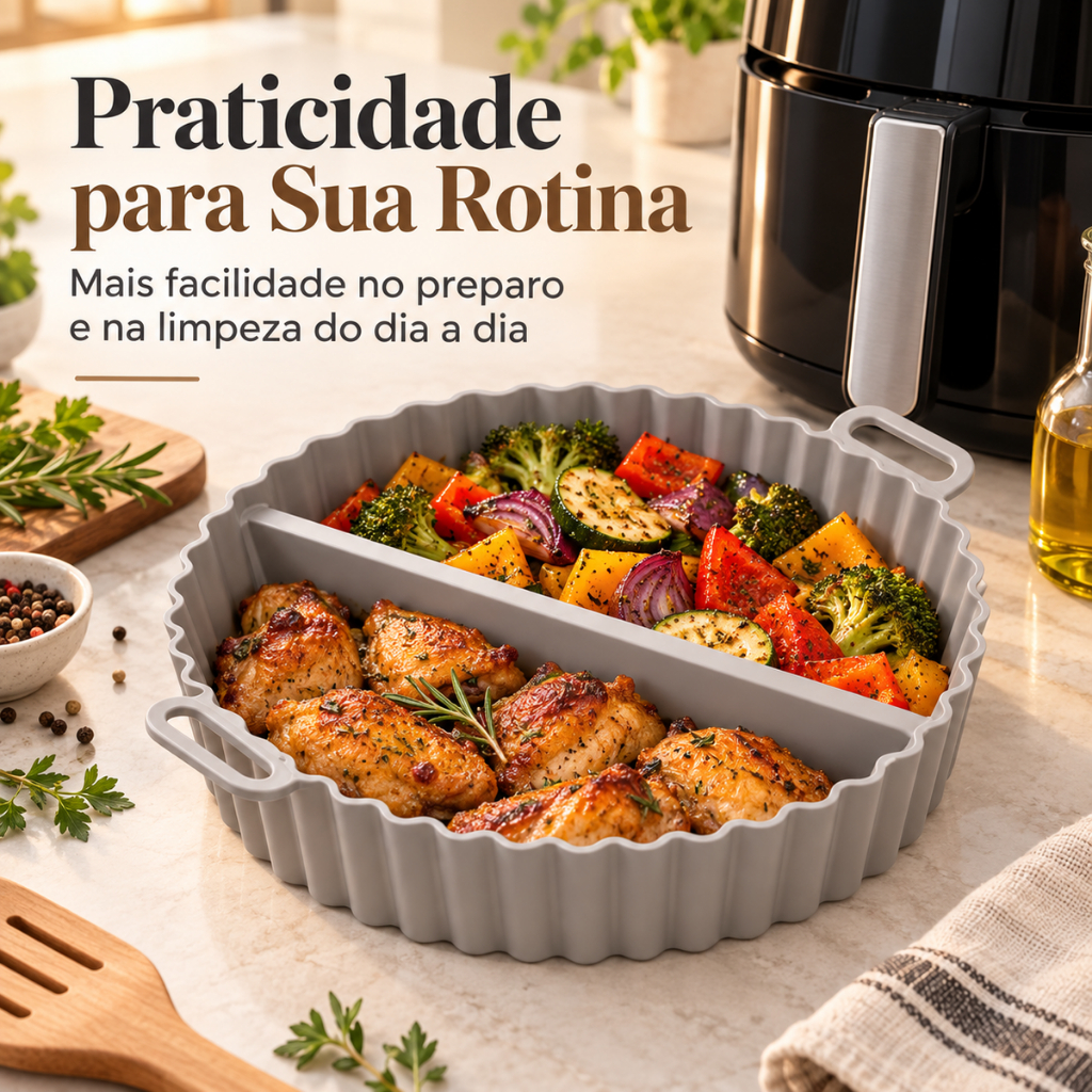 Forma Silicone Air Fryer Redonda 20cm com Divisor Alças Reutilizável Antiaderente Assar Cozinha Frtitadeira