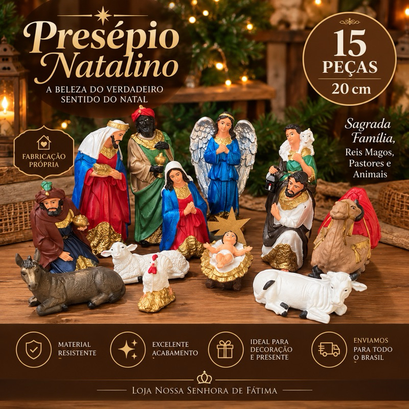 Presépio Natalino 15 Peças 20 cm Completo / Sagrada Família, Reis Magos e Animais/ Decoração de Natal Católica.