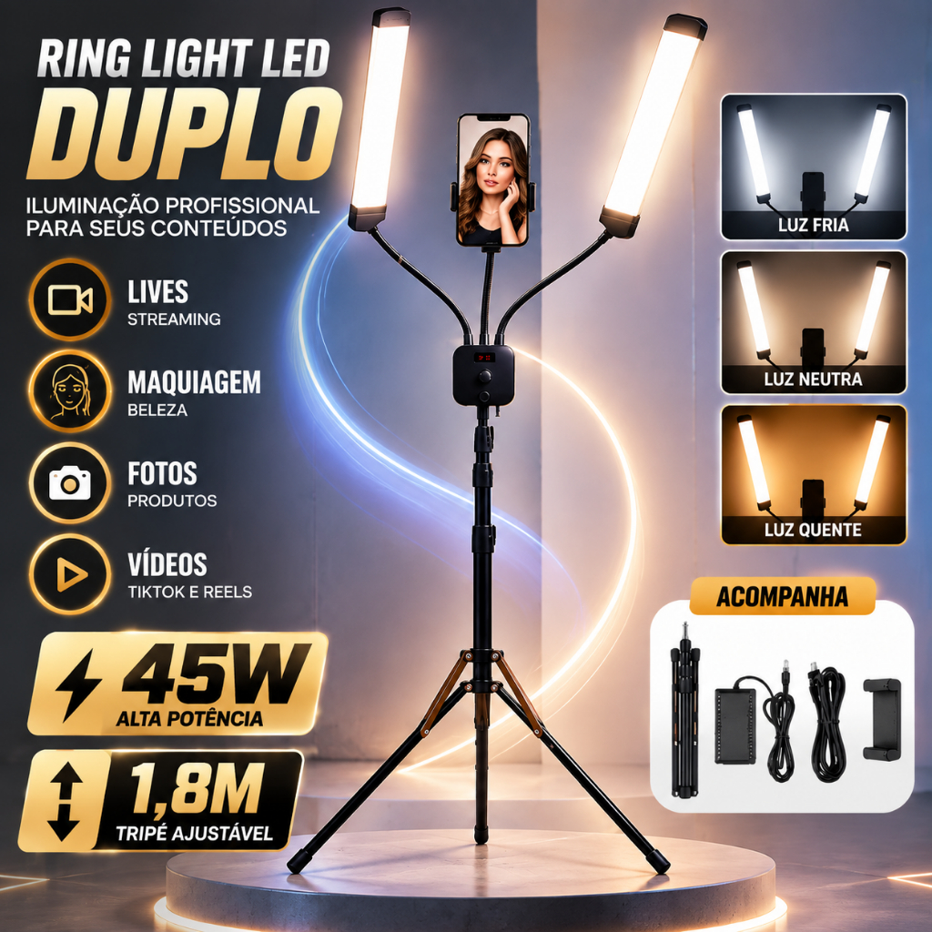 Ring Light LED 45W Braço Duplo com Tripé 1,8m Luz Ajustável em 3 Cores para Live, Vídeo, Foto e Maquiagem