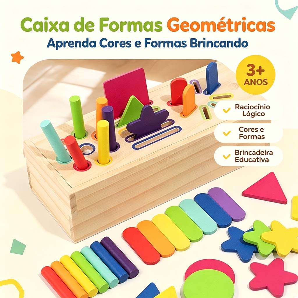 Brinquedo Montessori 3 em 1 Madeira Educativo Infantil Formas Geométricas Cores Classificação Coordenação Motora