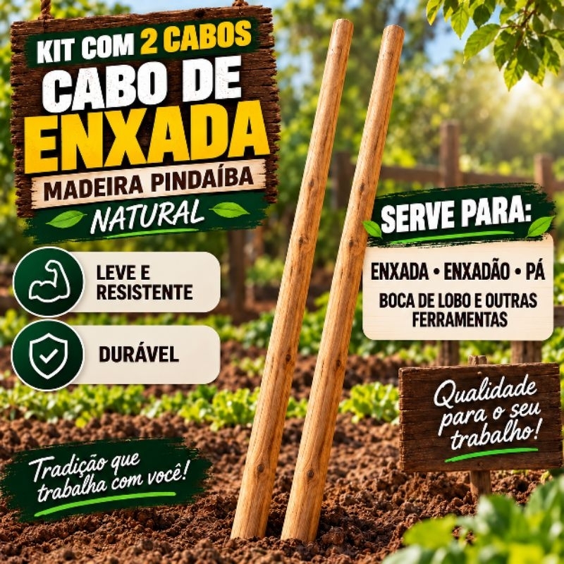 Cabo de Enxada 1,20m Madeira Pindaíba Natural Resistente para Enxadão Pá e Ferramentas | Kits 1 a 5 Unidades
