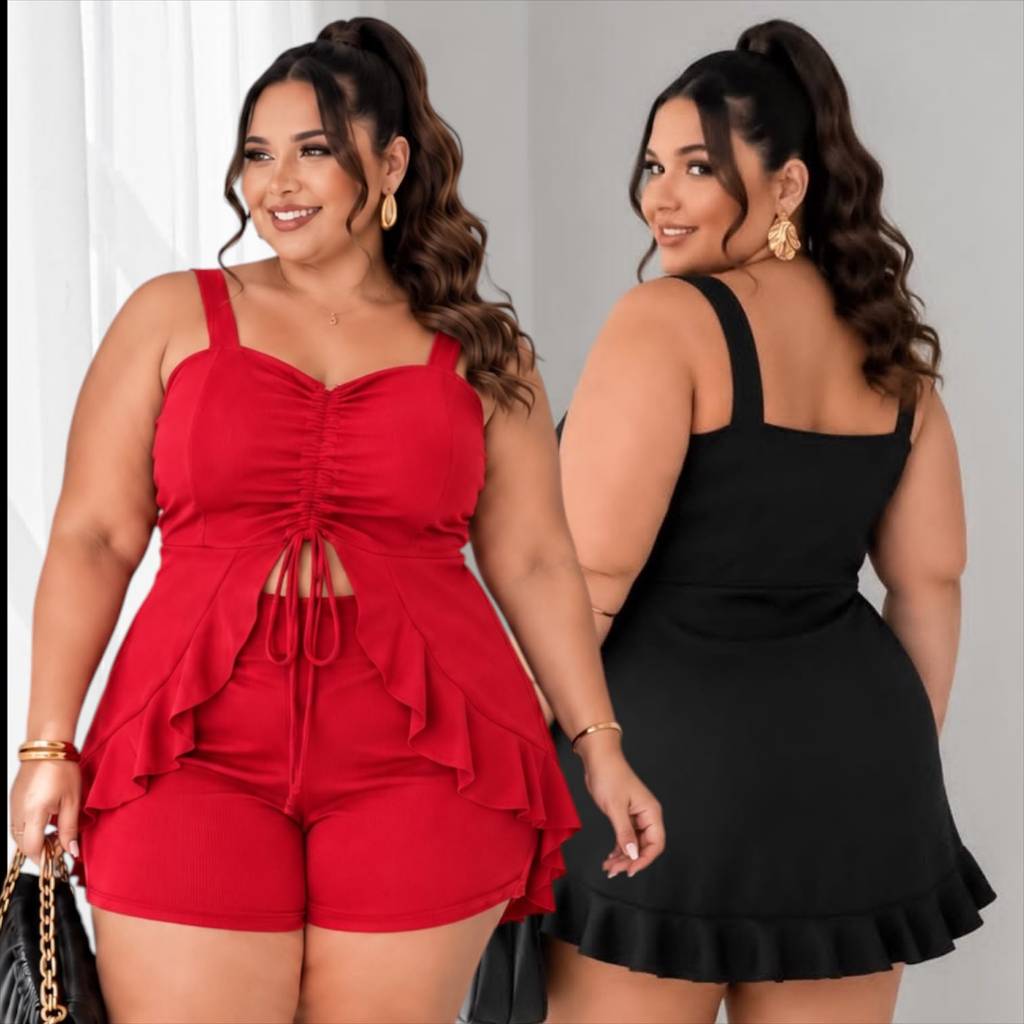 CONJUNTO FEMININO PLUS SIZE E MID SIZE – SHORT COM BLUSA MULLET, BABADOS, ALÇAS LARGAS E AJUSTE NO DECOTE