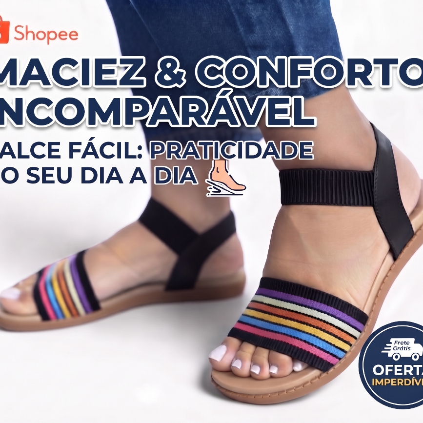 Sandália Rasteirinha Feminina  Ortopedica Confortável com Elástico, Tiras Coloridas/Trançadas e Palmilha Lisa Macia