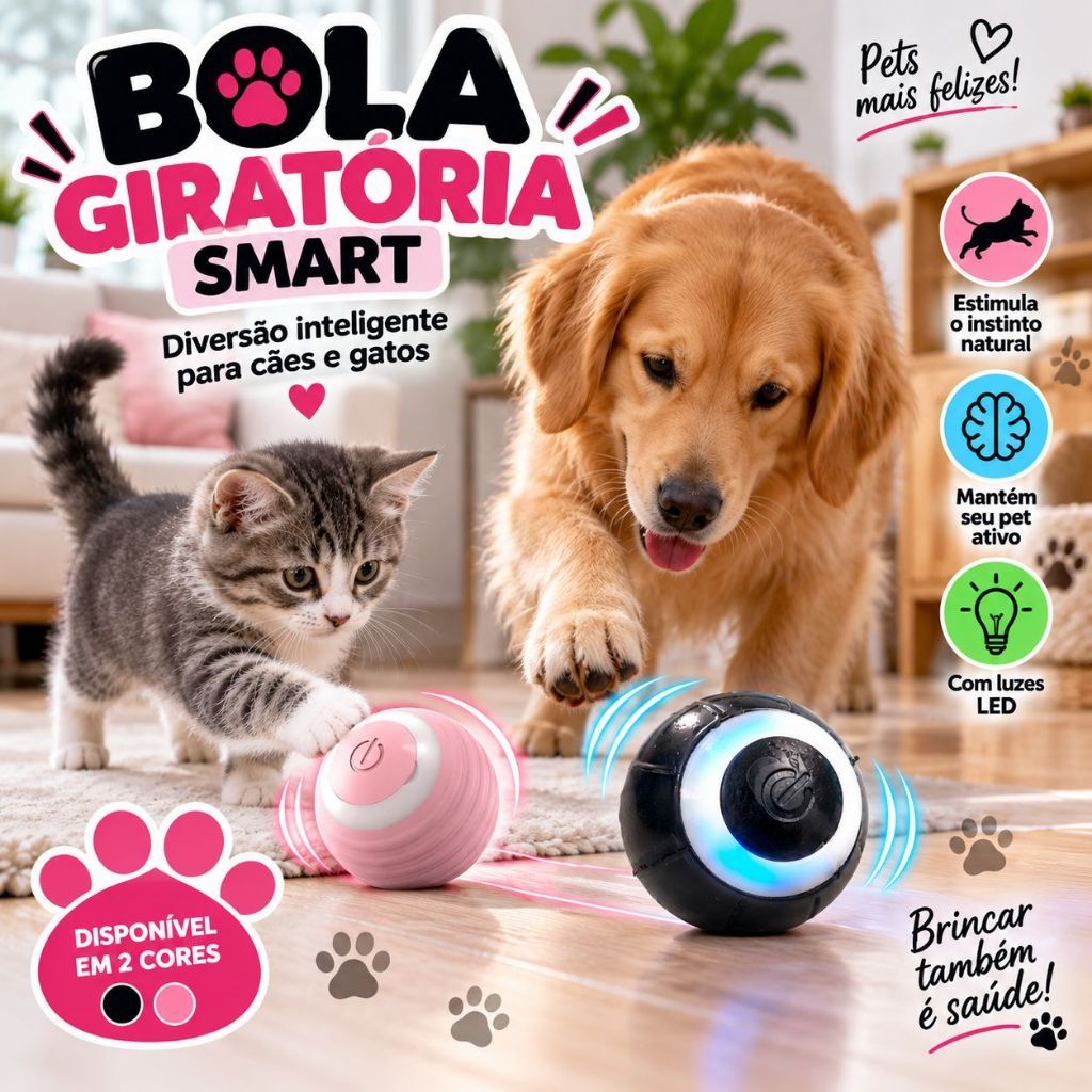 Bola Giratória para Gatos e Cachorros Brinquedo Interativo Pet Bolinha Automática Eletrônica com LED