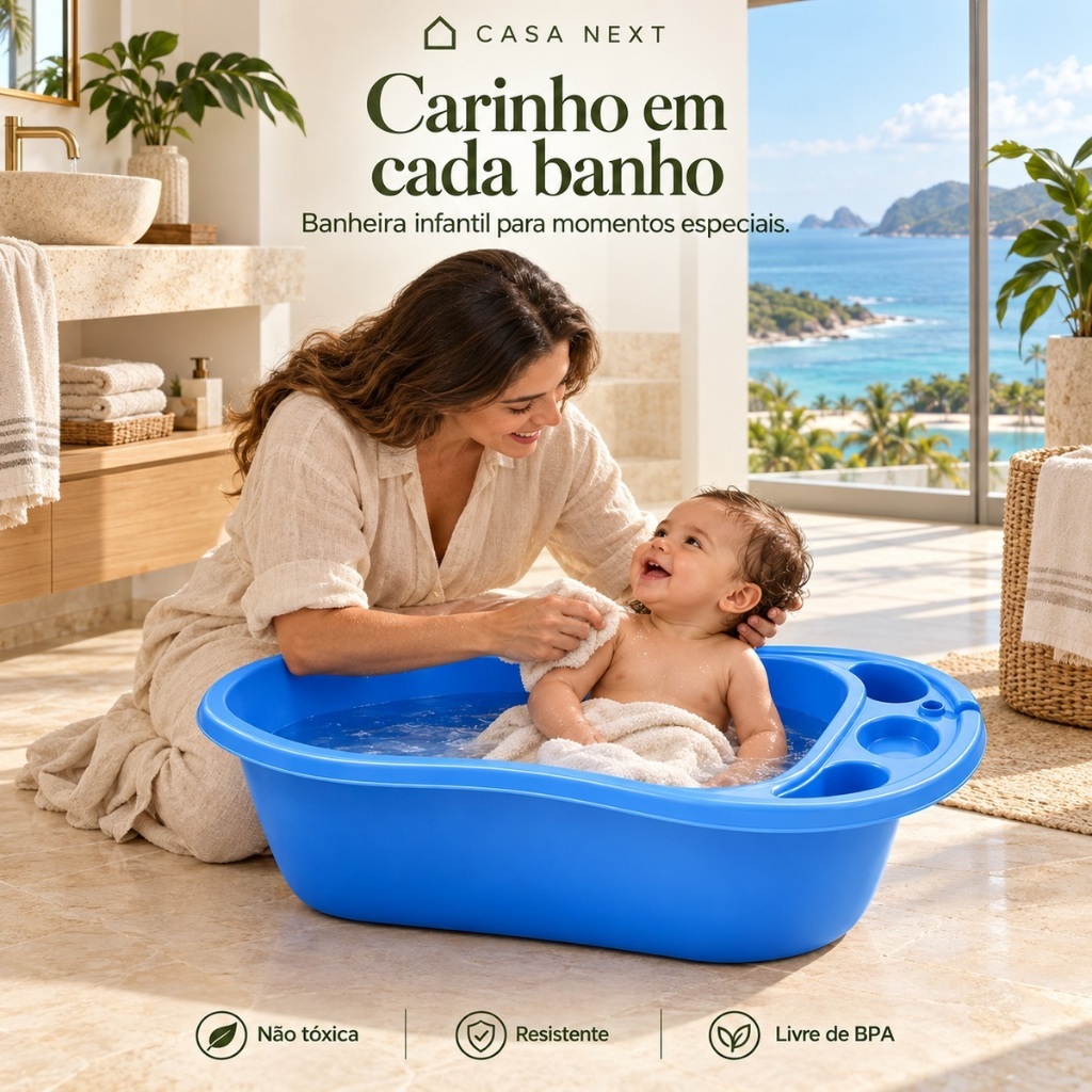 Banheira Infantil 34 Litros Grande para Bebê e Criança com Porta Objetos e Suporte para Shampoo