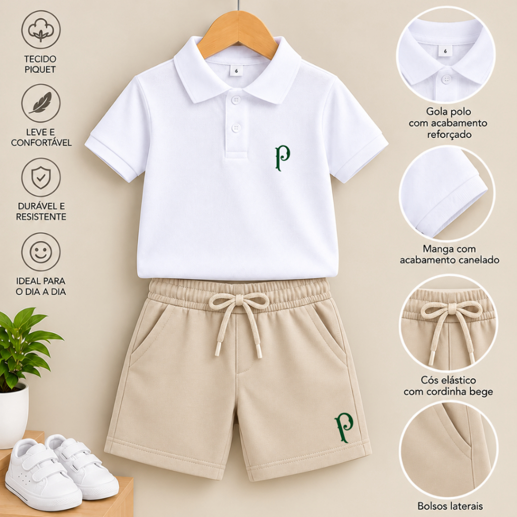 Conjunto infantil Camiseta Gola Polo e short moletinho  menino Times de futebol P Palmeira s lisa Conforto e Qualidade e