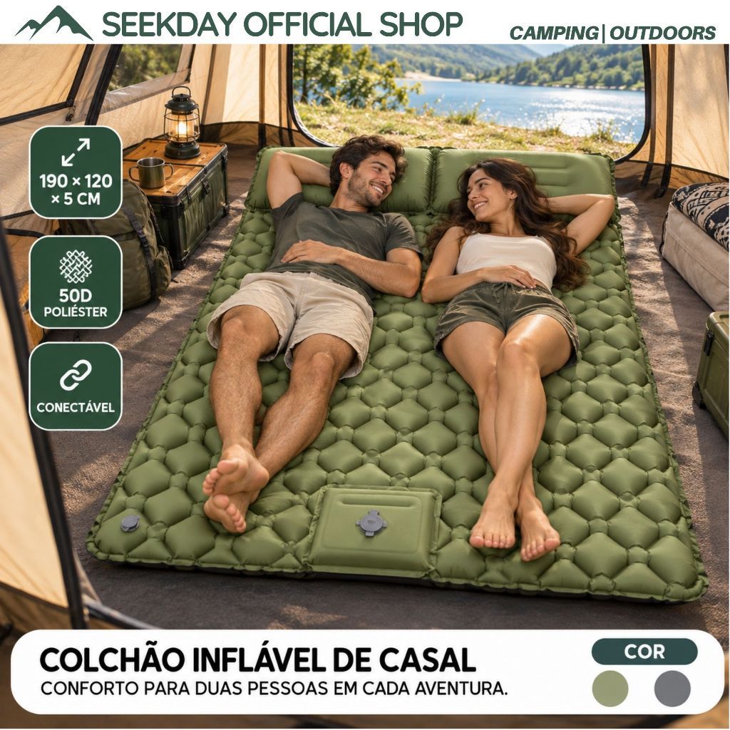SEEKDAY Colchão Inflável Casal Camping 190x120x5cm com Bomba de Pé Embutida Colchonete Portátil TPU Impermeável