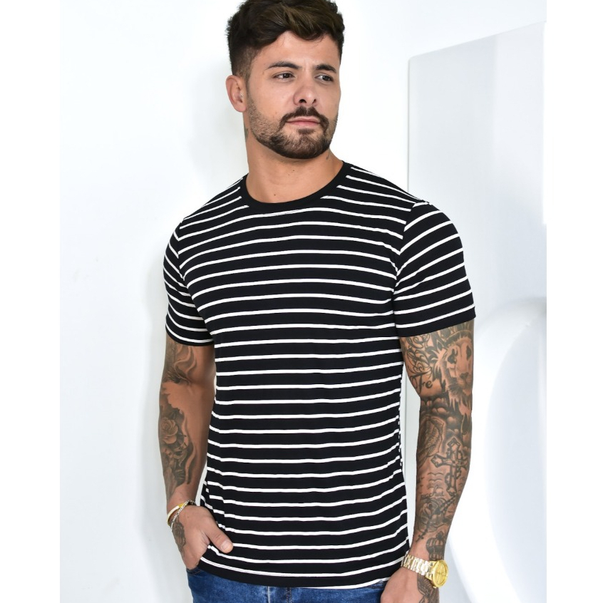 Camiseta Masculina Casual Listrada Malha Com Elastano - Leve e Confortável