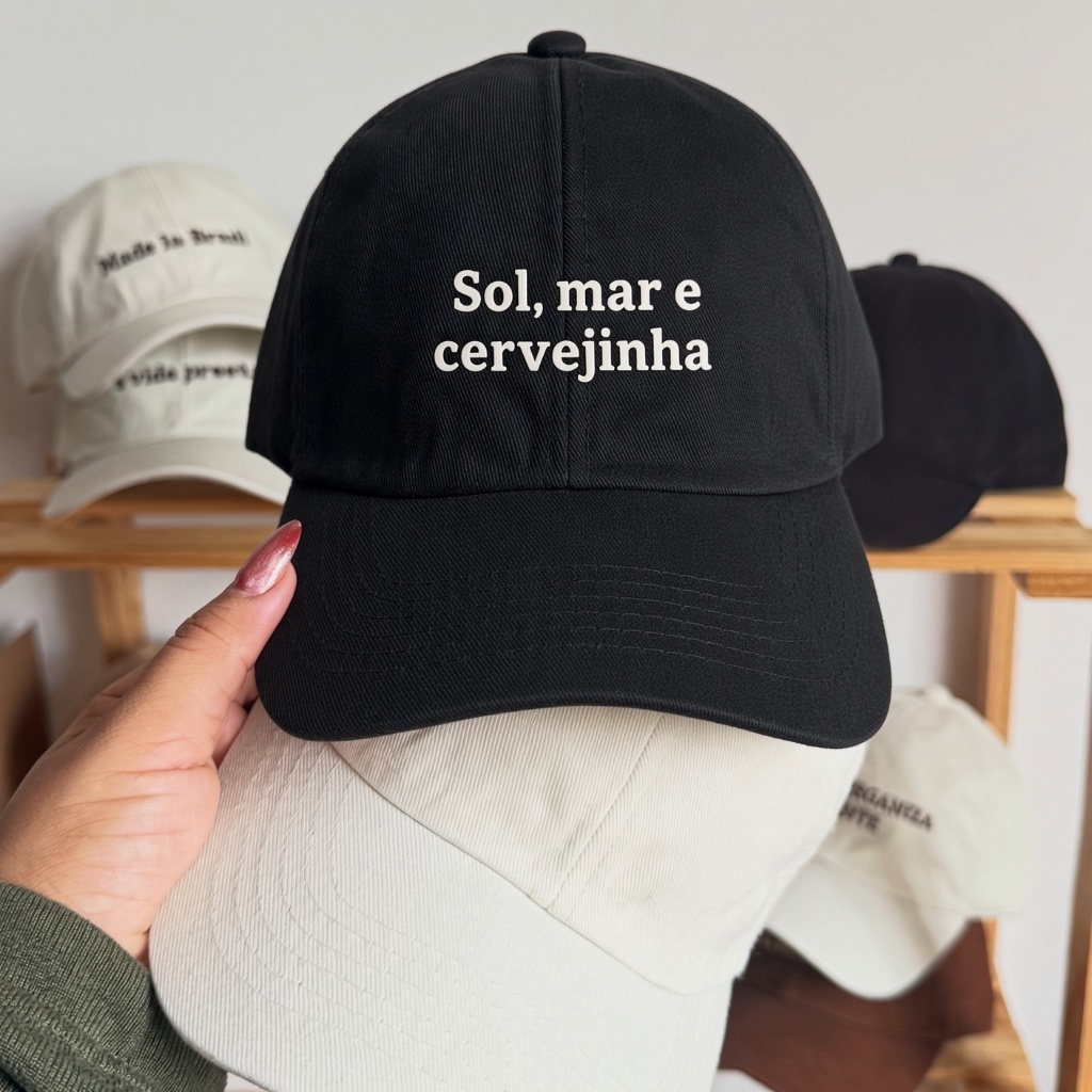 Boné Baseball Aba Curva Sol Mar e Cervejinha | Dad Hat Unissex Verão Praia Frase Divertida | 5 Cores