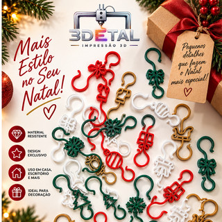 Gancho Decorativo para Árvore de Natal 3D 4cm para Pendurar Enfeites Natalinos