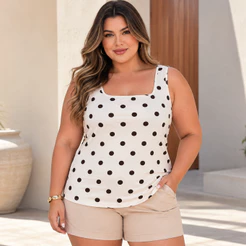 Blusa Regata Plus Size Poá Feminina Viscolycra Decote Quadrado Alça Larga Soltinha Casual Confortável Verão Tamanho Moda